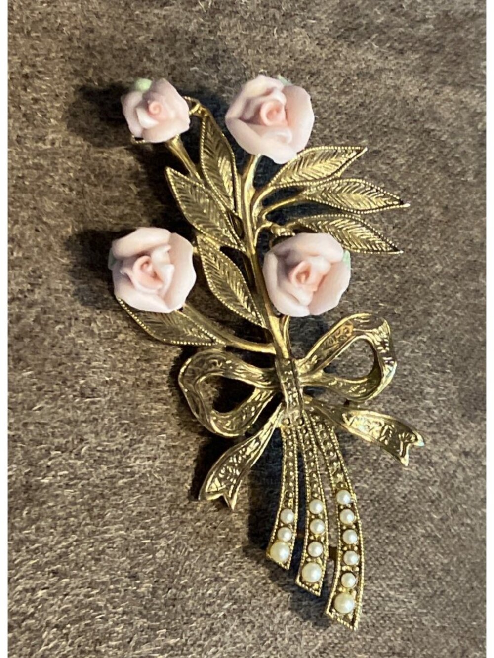 Vintage Gold-Tone Brooch With Pink Porcelain Roses and Faux Pearl Accents